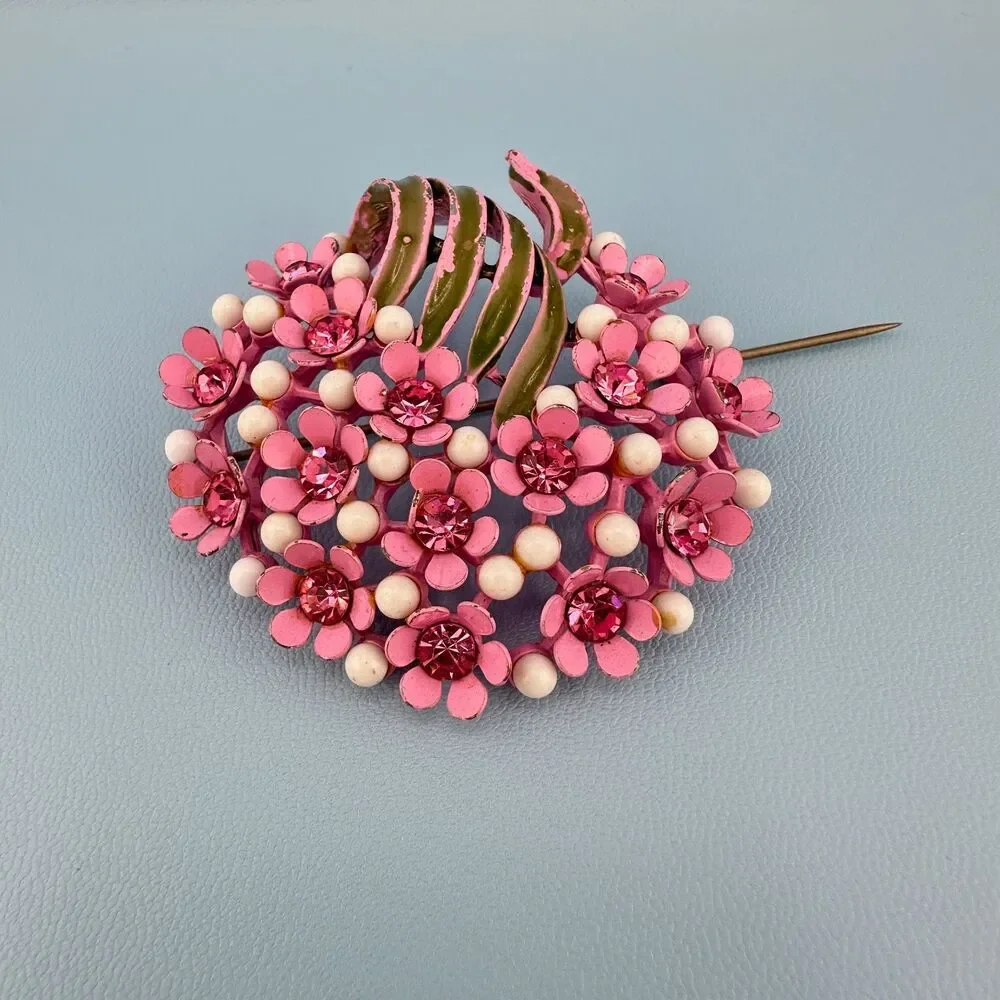 Vintage Rhinestone Flower Brooch Pink Japanned Enamel Floral Spray Bouquet 2